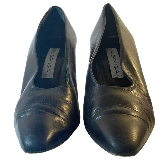 Via Spiga Heels Vintage Black Leather Elongated Square Toe Pump Womens Size 11AA - Picture 9 of 16